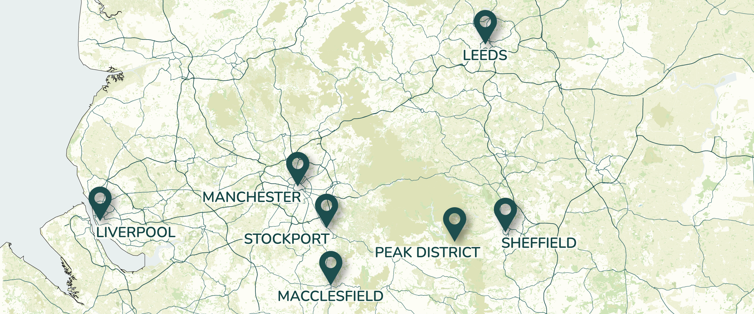 Map showing Manchester, the Peak District, Macclesfield, Stockport, and Liverpool